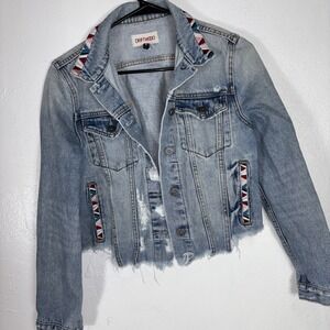 Faded Blue Driftwood Trucker Embroidered Aztec Denim Trucker Jacket Women Small